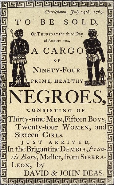 Reproduction of a Handbill for a Slave Auction, 1769