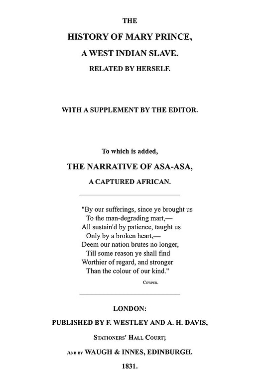 The History of Mary Prince, Front Cover, 1831